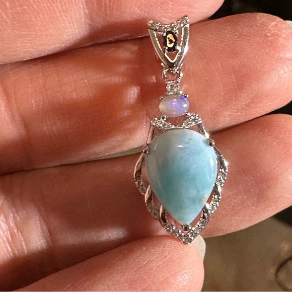 Larimar, Ethiopian Opal, Cubic Zirconia 925 Silver Pendant - Picture 3 of 5